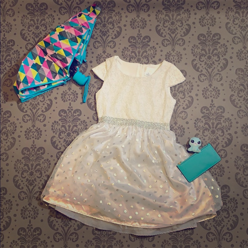 EUC Lavender brand - Silver Polka Dot White Dress